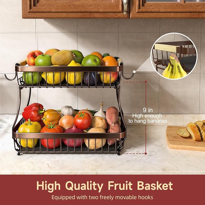 2-Tier Fruit Basket with Banana Hangers, Detachable Metal Bowl | Wooden handle, protective mats included. Versatile holder for bread, snacks, and veggies. Extra Large 2 tier metal design. - Image 2