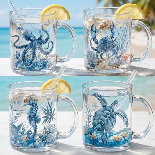 Tioncy 4 Pcs Coastal Mugs Blue Sea Turtle Coffee Mugs 12 oz Summer Beach Ocean Animal Cup Coastal Gift Decorative for Women Everyday Use Housewarming New Home Gift by Tioncy