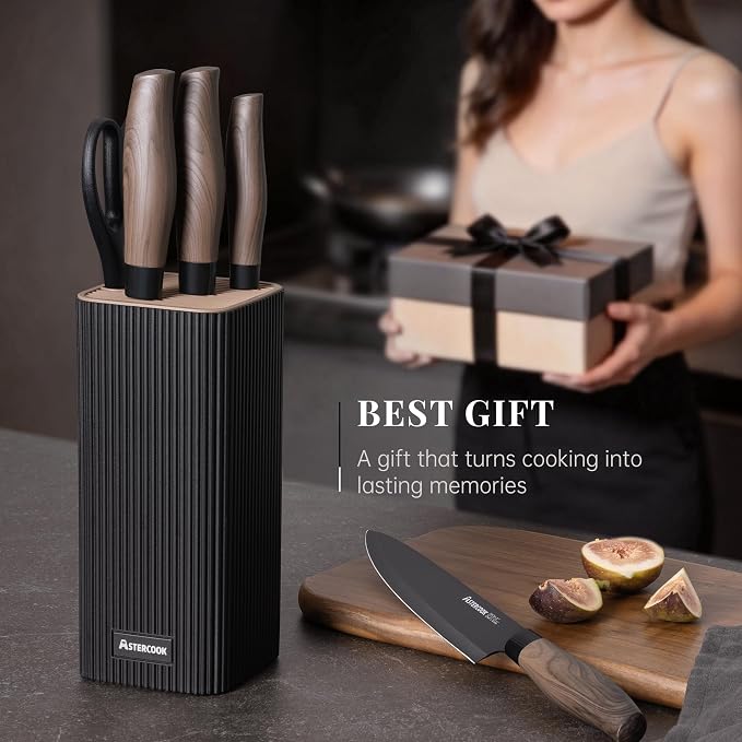 Astercook Knife Set, 6-Piece Kitchen Knife Set with Block, High Carbon Stainless Steel Ultra Sharp Kitchen Knives, Wood Grain Handle, Dishwasher Safe Knife Block Set, Black, Kitchen Utility Knives - Image 9