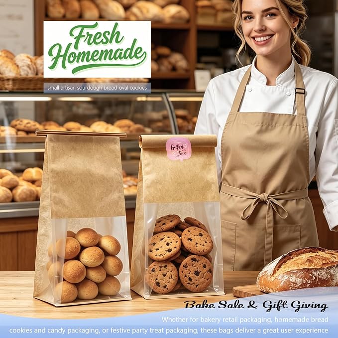 Cookie Bakery Bags with Window Small Bread Baked Goods Packaging Tin Tie Tab Closure & Cute Sticker for Candies, Treats, Snack - Brown Kraft Paper 20 Pcs 11x5.1x3.9 Inch - Image 6