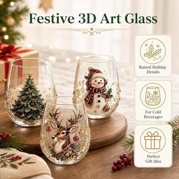 Christmas 3D Raised Glass Cup, Stemless Santa Wine Glass, Luxury Holiday Glassware for Coffee Tea Juice Milk Drinks - Image 2