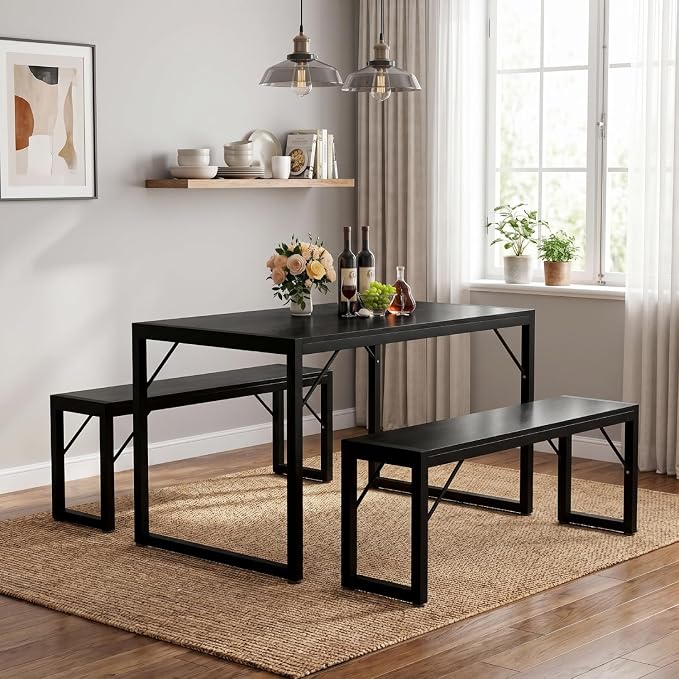 Bealife Dining Table Set for 4 with Metal Frame and MDF Board - Black | Space Saving Kitchen Table with 2 Benches, Kitchen Table Set for Apartment, Dining Room, Breakfast Nook - Image 2