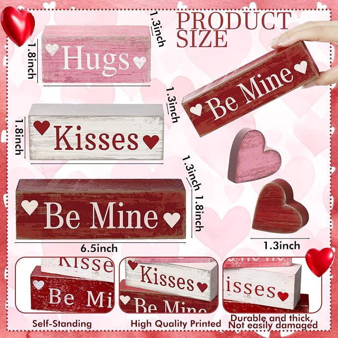 Moucuny 4 Pcs Valentine's Day Table Decorations Wooden Heart Valentine Tiered Tray Decor Valentine Day Centerpiece Rustic Decorative Heart Block Signs Gift Farmhouse Valentines Decor for Home Kitchen - Image 3