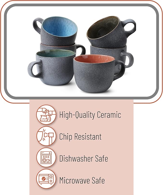 BTaT- Porcelain Coffee Mugs Set, 14 oz (415 ml), 6 Pack, Ceramic Coffee Mugs, Matte Black Outside and Colorful Inside, Restaurant Cups for Tea, Cappuccino, Cocoa, Cereal, Mug Gift Set, Dishwasher Safe - Image 4