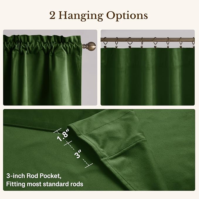 Moss Green Scalloped Velvet Valance 52x18 Inch 1 Panel | Thick Wavy Green Kitchen Curtains, Decorative Small Window Treatment for Living Room, Bathroom, Rod Pocket - Image 4