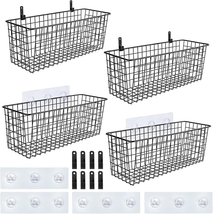4 Set [EXTRA LARGE] Hanging Wall Mount Storage Baskets with Adhesive Hooks & Steel Hooks, Multiuse Sturdy Wire Metal Organizing Baskets for Home Kitchen Bathroom Pantry Utility Organizer, Black by AOZITA