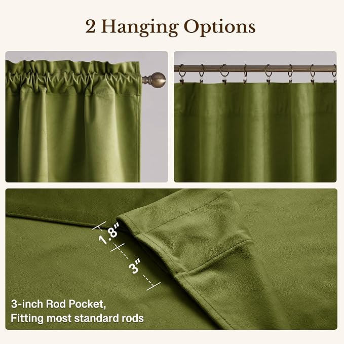 Olive Green Valance for Windows Home Decor 52x18 Inch 1 Panel | Muted Wavy Green Velvet Window Treatment, Privacy Rod Pocket Short Curtains for Kitchen, Living Room - Image 4