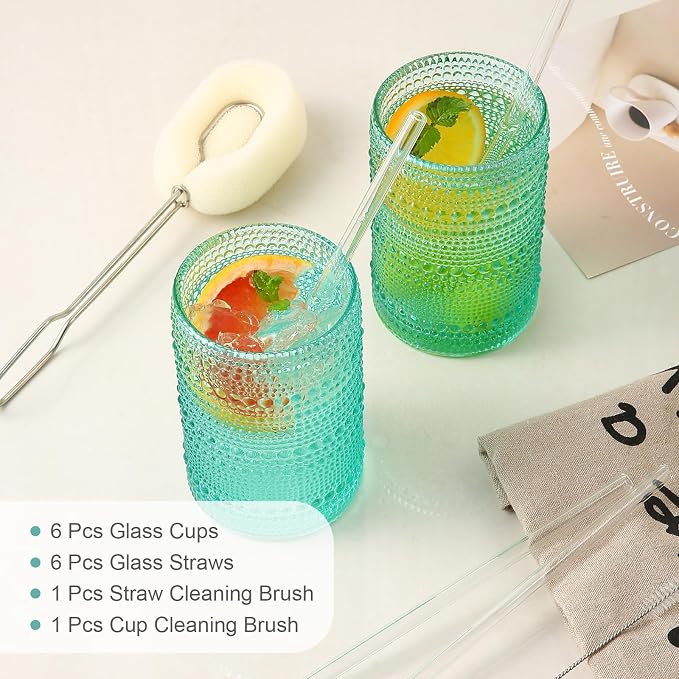 ZMOWIPDL Drinking Glasses Set of 6,15 oz Lake Blue Hobnail Glass Cups | Vintage Glassware，Embossed Water Tumbler,for Beer,Cocktail,Whiskey,Juice and Various Mixed Drinks- 1 Cleaning Brush - Image 5