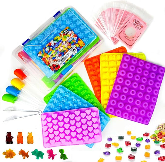 112PCS Mega Silicone Gummy Candy Molds Kit with 4 Droppers & 2 Brushes | BPA Free Non-Stick Molds 20 Shapes (Dinosaur/Donut/Fruit), Storage Box & 100 Wrappers
