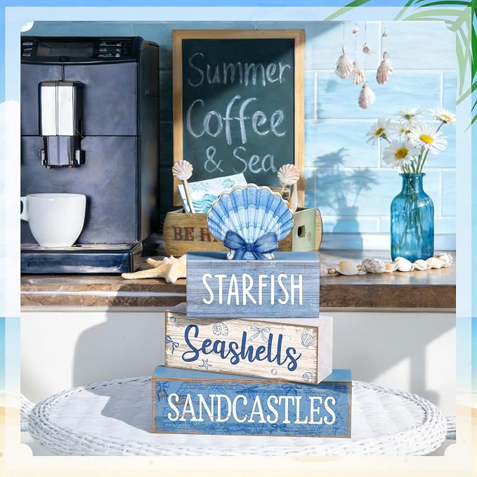 Moucuny 4 Pcs Nautical Beach Decor Shell Tiered Tray Decoration Blue Bow Table Centerpieces Summer Rustic Decorative Block Signs Gift Farmhouse Table Sign for Home Kitchen Shelf - Image 5