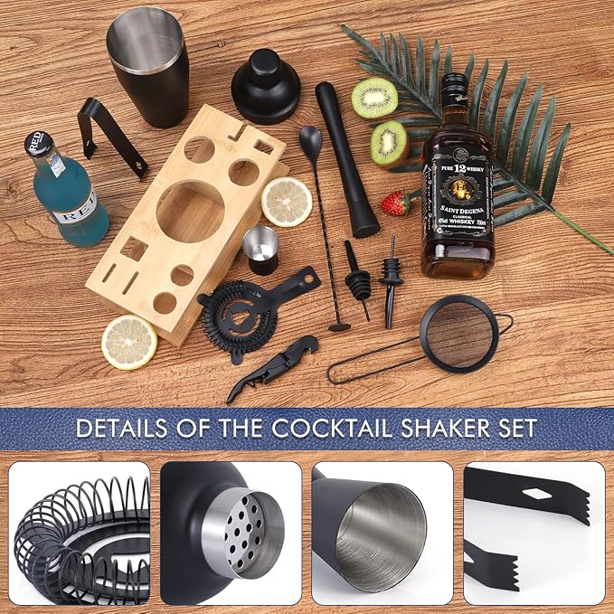 11Pcs-Cocktail Shaker Set Black Bartending Kit 25oz Cocktail Bar Set Cocktail Mix Drink Making Kit Professional Bar and Home Drink Bar Tools for Bartender(Matte Black)