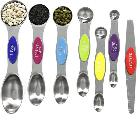 Multicolor Magnetic Measuring Spoons Set with Leveler | 7Pack, Stainless Steel, Stackable, Fits Spice Jars - For Baking Kitchen Gadgets Apartment Essentials Fits by BIDFUL