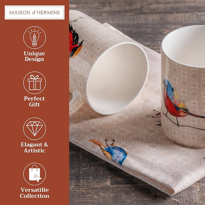 Maison d' Hermine Coffee Mug with Handles Tea Cups (12 Ounce, Pack of 2) | Fine Bone China Coffee Mugs for Hot Beverages Cappuccino Latte Home Restaurant Hotel Spring Summer -Birdies on Wire - Image 2