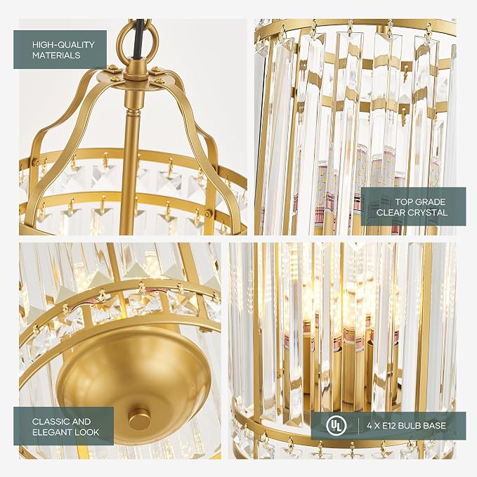 Modern Gold Pendant Island Light Fixtures for Kitchen, Luxury Elegant Crystal Small 4-Light Chandeliers for Dining Room, Industrial Cage Hanging Ceiling Lighting for Bedroom Foyer Hallway - Image 6