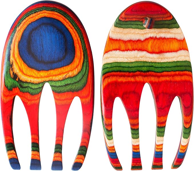 Baltique Marrakesh Salad Hands, Colorful Wood Salad Tongs Alternative | 2-piece salad claw servers. Colorful layered wood. Wide scoop for tossing greens, pasta, fruit. Bowl-grip knob catches rim. - Image 6