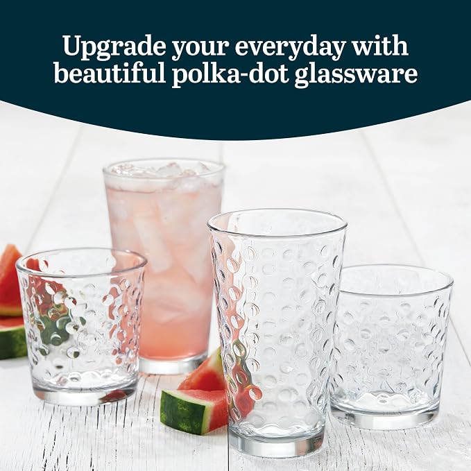 Libbey Awa Polka Dot Tumbler & Rocks Drinking Glasses Set of 16, Glass Cups | 16 oz and 13 oz Capacity Vintage-Inspired Polka Dot Texture for Water, Juice, Cocktails & More, Dishwasher Safe Cleanup - Image 2