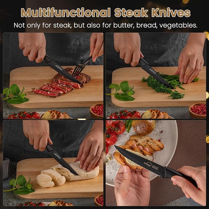 Amorston Steak Knives, Steak Knives Set of 8, Stainless Steel Steak Knife Set, Serrated Knives Dishwasher Safe, Elegant Black Mothers Day Gifts for Women - Image 5