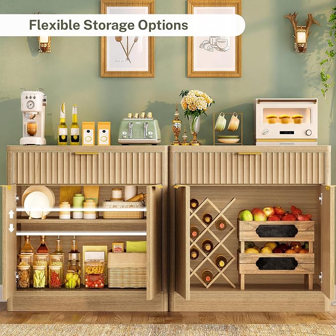 63" Fluted Buffet Sideboard Cabinet with Storage, Buffet Table Coffee Bar Wine Bar Storage Cabinet with Adjustable Shelf for Living Room, Kitchen, Natural - Image 5