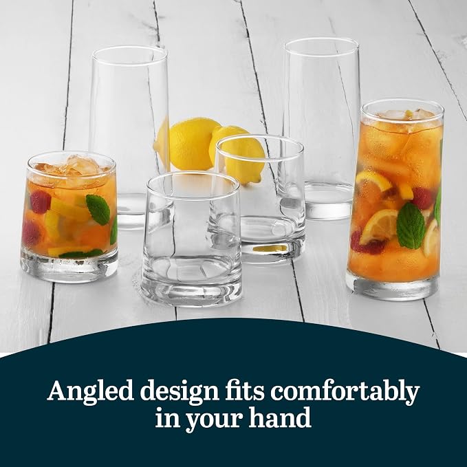 Libbey Cabos 16-Piece Rocks and Tumbler Glasses Set, Angled Glass Cups Set for Water, Juices, and More, Dishwasher-Safe Modern Glassware - Image 4