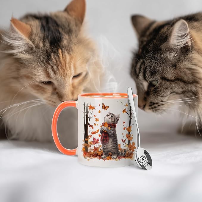 Hyturtle Fall Cat Maple Leaves Coffee Mug with Spoon Gifts on Birthday | Fall Autumn Decor Thanksgiving Gift, Cute Autumn Mug, Durable 11oz ceramic mug, Vivid double-sided print, Comfort grip handle - Image 4