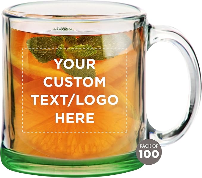 Custom Libbey Clear Glass Coffee Mugs 13 oz. Set of 100, Personalized Bulk Pack - Perfect for Coffee, Tea, Espresso, Hot Cocoa, Other Beverages - Green Bottom