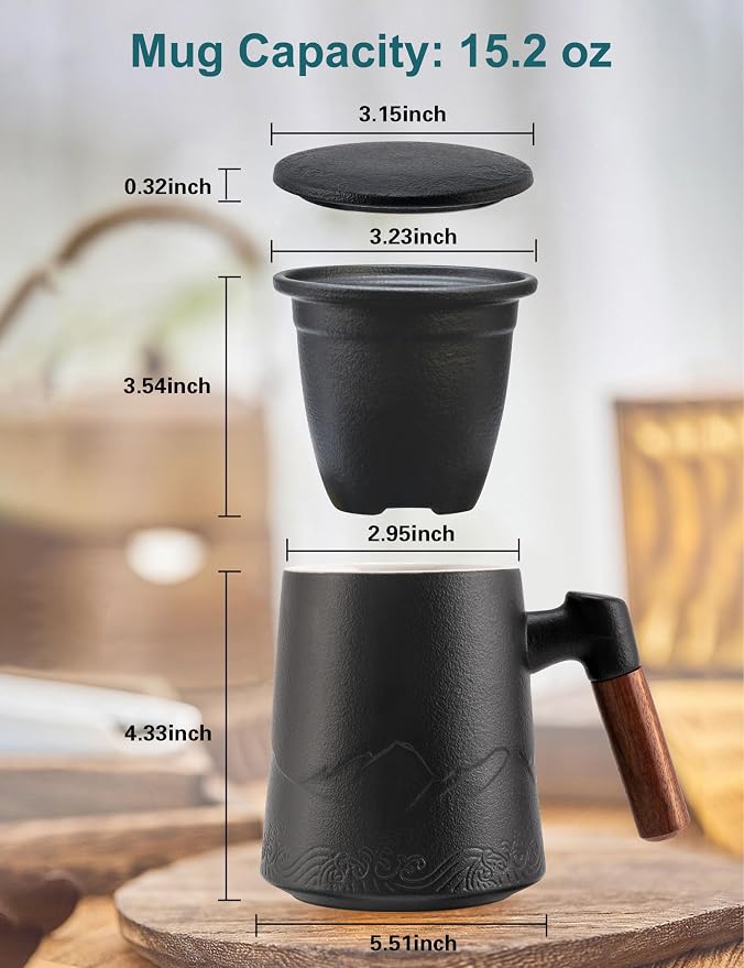 suyika Tea Cup with Infuser and Lid, 15.2 Ounce Wood Handle Ceramic Loose Leaf Mug Gradient Black 450ml - Image 3