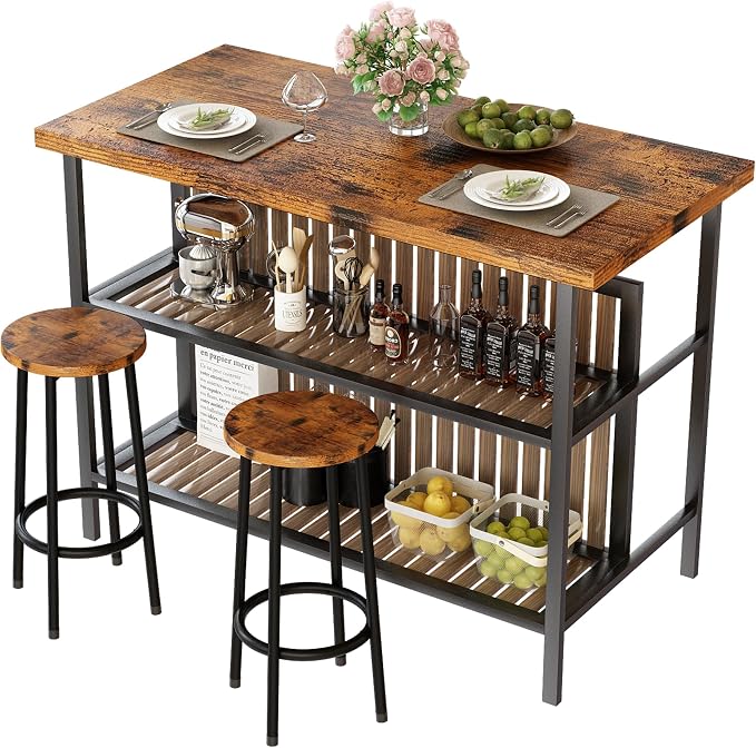 AWQM Kitchen Island with Seating & Storage Shelf, Modern Bar Table and Chairs Set for 2, Wooden Island Table for Kitchen, Dining Table Set for Small Space, Walnut Color by AWQM