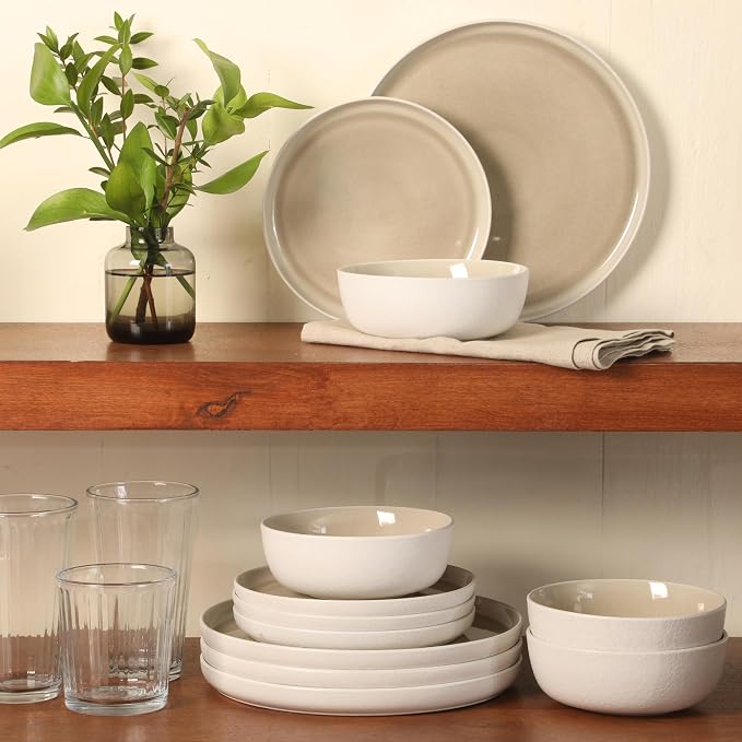 Gibson Elite Tahoe Sunset 12-Piece Reactive Stoneware Dinnerware Set – Matte Exterior & Shiny Interior Plates and Bowls, Durable Everyday Dish Set, Microwave & Dishwasher Safe - Taupe - Image 5