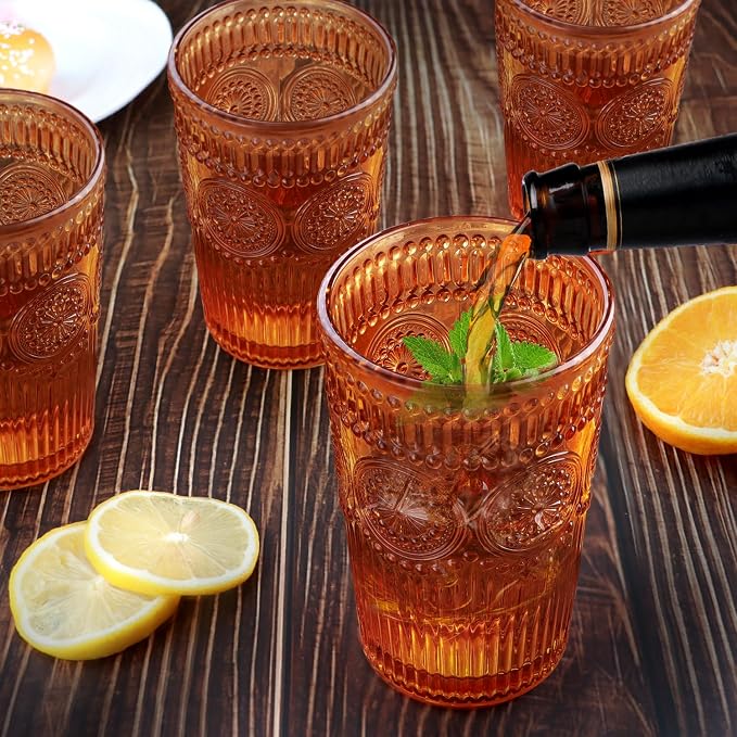 Loivttvv 6pcs Vintage Drinking Glasses Set, 12 oz Amber Highball Glasses, Embossed Ribbed Glassware Cups for Thanksgiving Cocktail, Juice, Whiskey - Image 3