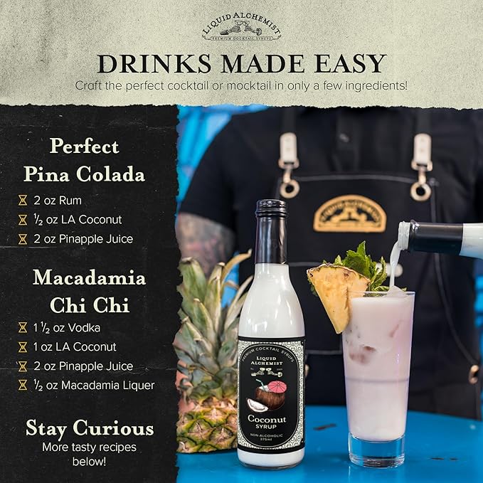 Liquid Alchemist Coconut Syrup for Drinks - Real Ingredients Make our Cream of Coconut Syrup a Perfect Pina Colada Drink Mix - Tropical Flavoring for Drinks - Vegan & Non-GMO (12.7 oz)