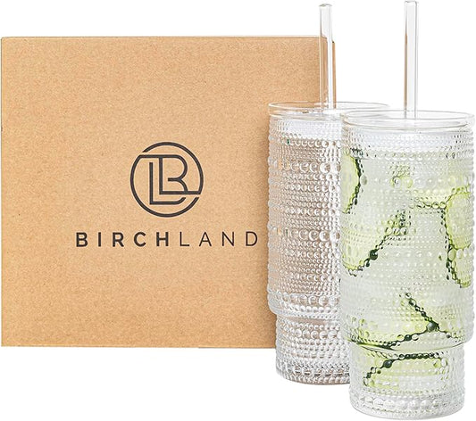 All Glass Hobnail Tumbler with Glass Lid and Straw, Beaded Style Set of 2 (16 oz Hobnail)