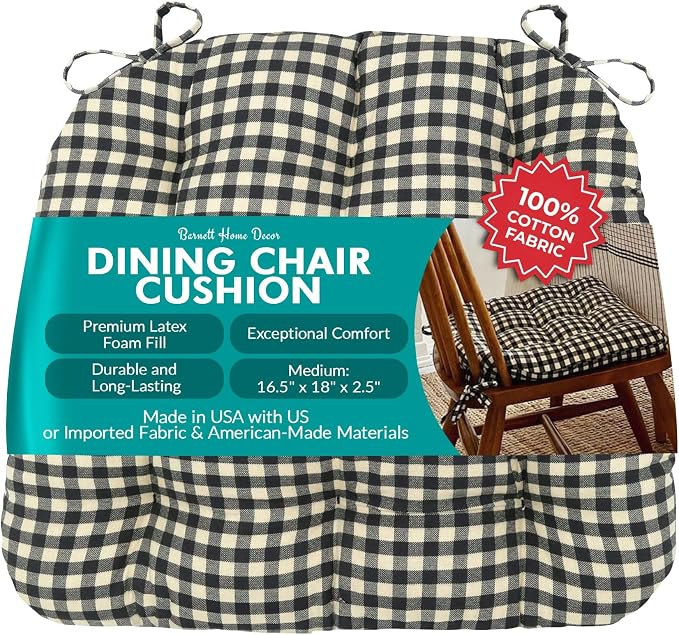 Barnett Home Decor Farmhouse Check Black and White Dining Chair Pad with Ties - 16.5 x 18 Size Medium Chair Cushion - Latex Foam Fill - 100% Cotton, Made in USA - (Black White) by BarnettHomeDecor