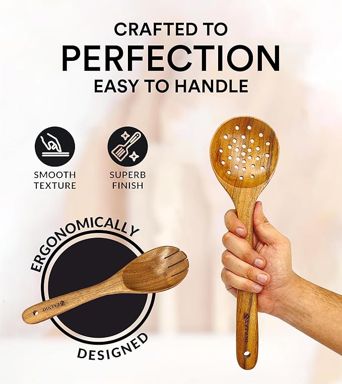 Zalvio 6-Piece Acacia Wood Cooking Utensil Set – Handmade Wooden Spoons & Spatulas | Heat-Resistant, Nonstick, Eco-Friendly Kitchen Tools