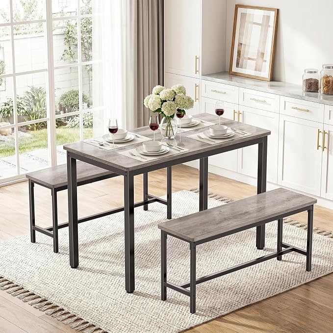 Dining Table Set for 4, Kitchen Table with 2 Benchs, Grey | Modern Functional 3 Piece Space-Saving Dining Room Table Set for Apartment, Breakfast Nook, Small Space - Image 3