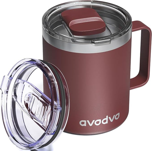 12oz Insulated Coffee Mug with Lid – Includes Two Lids, Stainless Steel Coffee Travel Mug with Handle, Double Wall Vacuum Insulated Camping Mug for Home, Office & Outdoor, Red by avodvo
