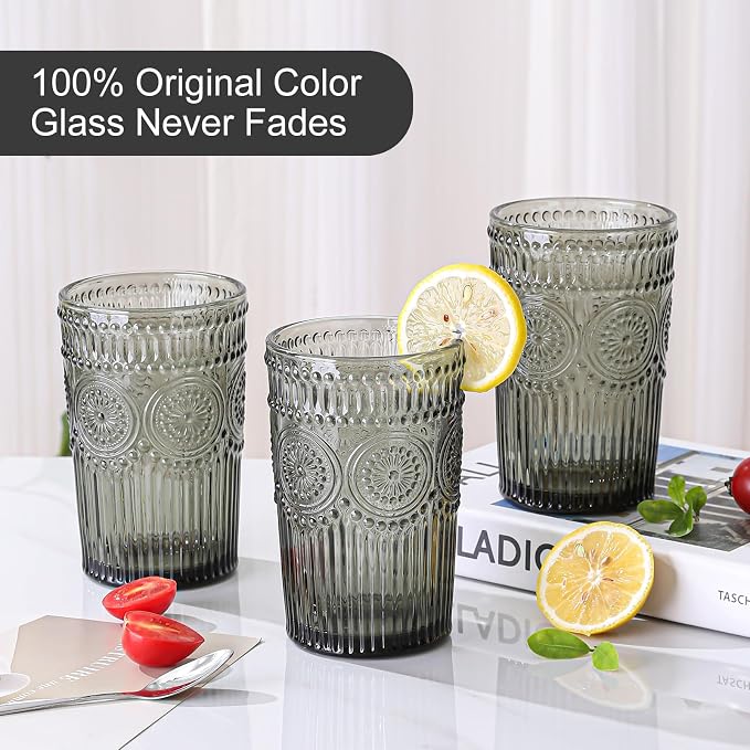 ZMOWIPDL Drinking Glasses Set of 6,13oz Flower Design Grey Glass Cups | Vintage Glassware,Textured Tumblers,Embossed Striped Drinkware for Water,Cocktails,Juice,Iced Coffee - Image 3
