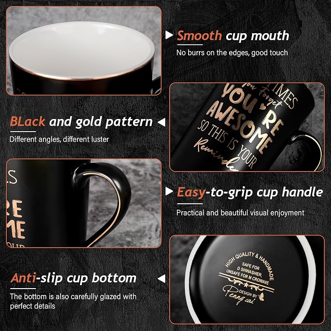 Anniversary Birthday Thank You Gifts for Men, 14oz Unique Black Ceramic Mug | Sometimes You Forget You're Awesome - Gold Print Inspirational Cup, Funny Valentines Day Presents for Boyfriend Husband Him - Image 3