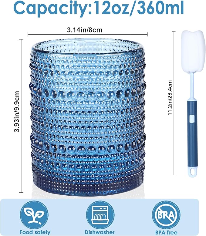 KMIGRUAN Hobnail Drinking Glasses Set of 6,12oz Blue Vintage Glassware,Cocktail Glasses,Embossed Glass Cups,Water Tumbler for Whiskey, Juice and Various Mixed Drinks - Image 2
