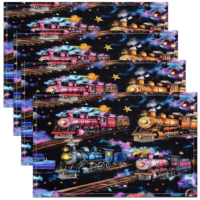 Feelyou Train Placemats Set of 4 12x18 Inch Cartoon Train Transportation Table Mats for Party Kitchen Dining Decoration Holiday Seasonal Transportation Vehicle Place Mat for Dinner Table Decor by Feelyou