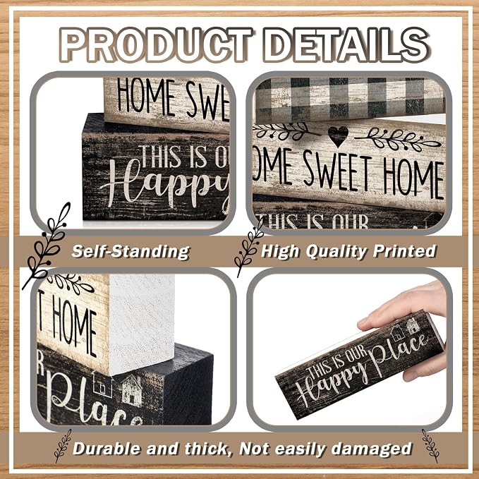Moucuny 4 Pcs Farmhouse Decor Black and White Farmhouse Tiered Tray Decorations Home Sweet Home Table Centerpiece Wooden Blessed Heart Rustic Checked Kitchen Decor and Accessories Block Sign for Shelf - Image 4