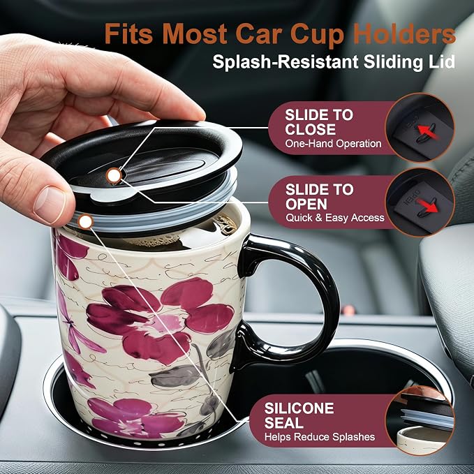 Topadorn 17oz Ceramic Travel Mug with Lid, Pink Floral Coffee Mug for Women | Coffee Mug with Handle, Pink Watercolor Floral Design, Spill-Resistant Lid, Microwave & Dishwasher Safe, Gift Box Included - Image 3