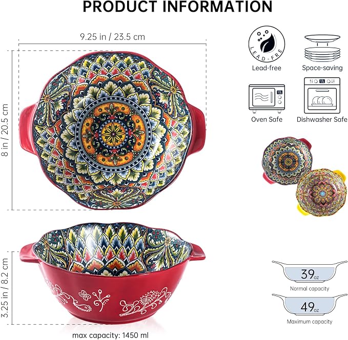 Henten Home Bohemia Large Bowls with Handle, 49 oz Ceramic Soup Bowl Set of 2, Porcelain Pho Bowl, Floral Noodle Bowls Set for Kitchen, Ramen, Udon, Microwave & Dishwasher Safe - Image 2