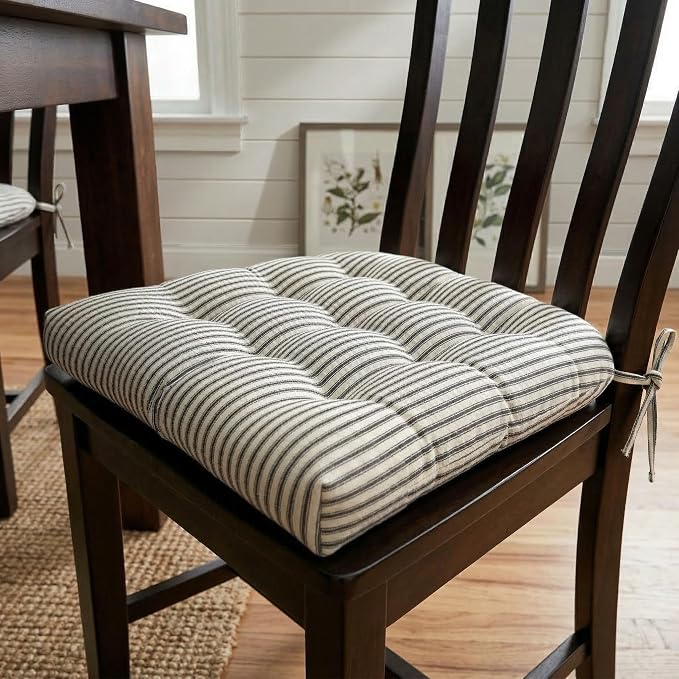 Barnett Home Decor Dining Chair Cushions with Ties, 16.5 x 18 Inches, Pack of 4 – Machine Washable, Made in USA with 100% Cotton and Latex Foam Fill for Comfortable Seating – Ticking Stripe Black - Image 2