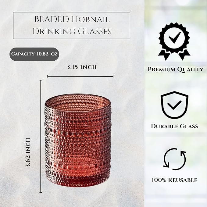 Shades of Summer Set of 6 Luxury Hobnail Drinking Glasses - 11oz Jewel-Toned Vintage Beaded Highball Tumblers - Textured Bubble Glassware Drinks Cocktails & Wine Elegant Boho Home Bar & Dining Décor - Image 4
