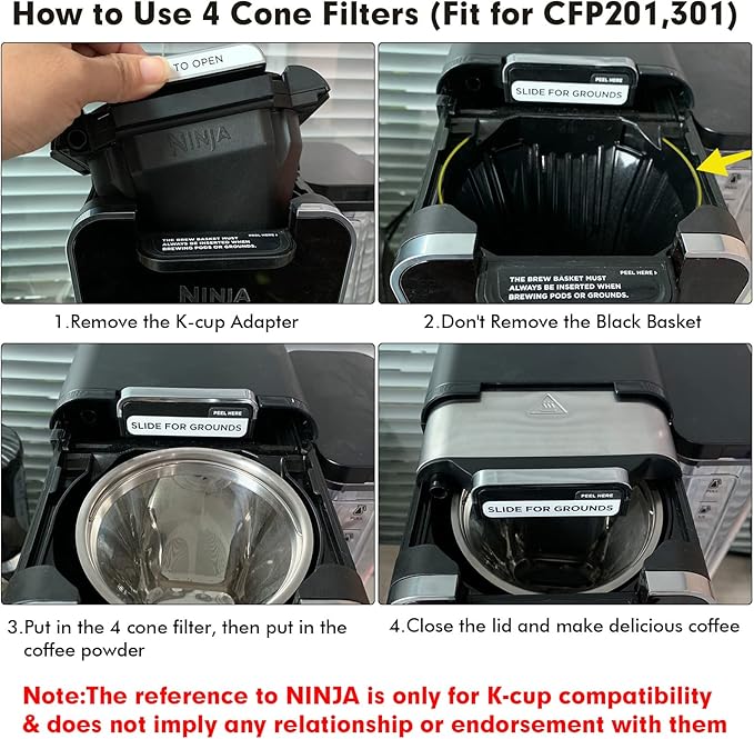 Stainless Steel Reusable Coffee Filter Compatible with Coffee Maker, Reusable Coffee Pods with 4 Cone Coffee Filters, Reusable Coffee Filters for Ninja CFP201 CFP300 CFP301 CFP307