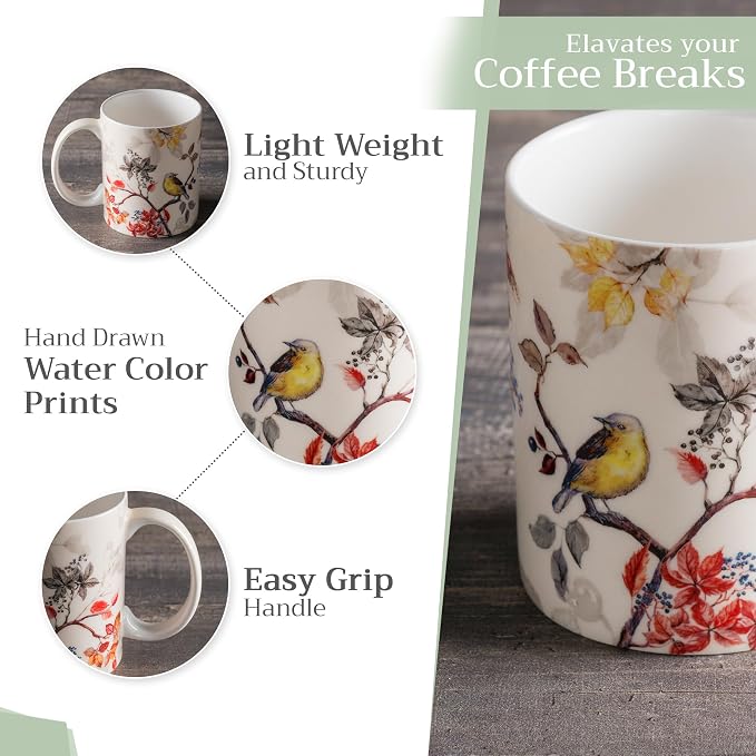 Maison d' Hermine Coffee Mug with Handles Tea Cups (12 Ounce, Pack of 1) | Fine Bone China Coffee Mugs for Hot Beverages Cappuccino Latte Home Restaurant Spring Summer -Equinoxe - Beige - Passerine - Image 5