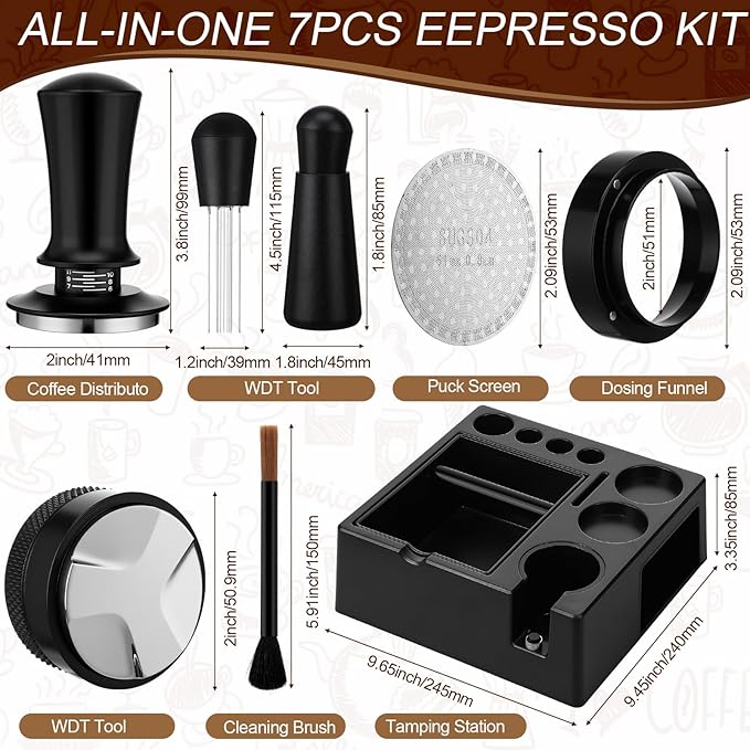 7Pcs 53mm Espresso Accessories Kit Espresso Tamping Station Spring Loaded Calibrated Tamper Tool and Dosing Funnel Set Coffee Distributor and Tamper Leveler Fits 53mm Machines