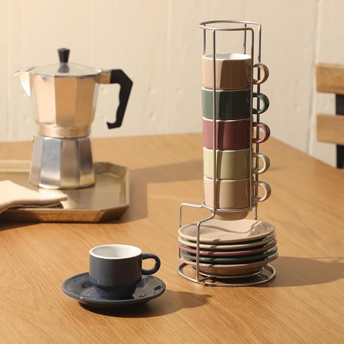 Gibson Home Brew Harmony 13 Piece Espresso Cup Set with Metal Rack, Stoneware Espresso Cups & Saucers, Solid Color Stackable Coffee Set, Café Style, Dishwasher & Microwave Safe - Image 5