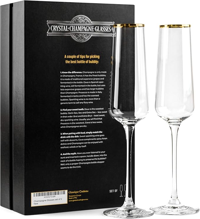 Gold Rim Champagne Gift Glasses | Set of 2 | Crystal Square Toasting Flutes for Bride and Groom, Wedding, Anniversary, Birthday | Elegant Long Stemmed Glassware for Sparkling Wine, Prosecco - Image 7