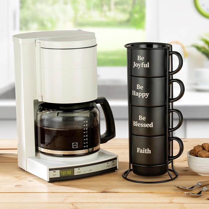Signature Housewares Stackable Coffee Mug Tower Set with Metal Wire Rack - 15 Ounce Coffee Mugs for Coffee, Tea, Cocoa, Milk, Cappuccino, Hot Chocolate Set of 4 - Be Happy Matte Black - Image 6